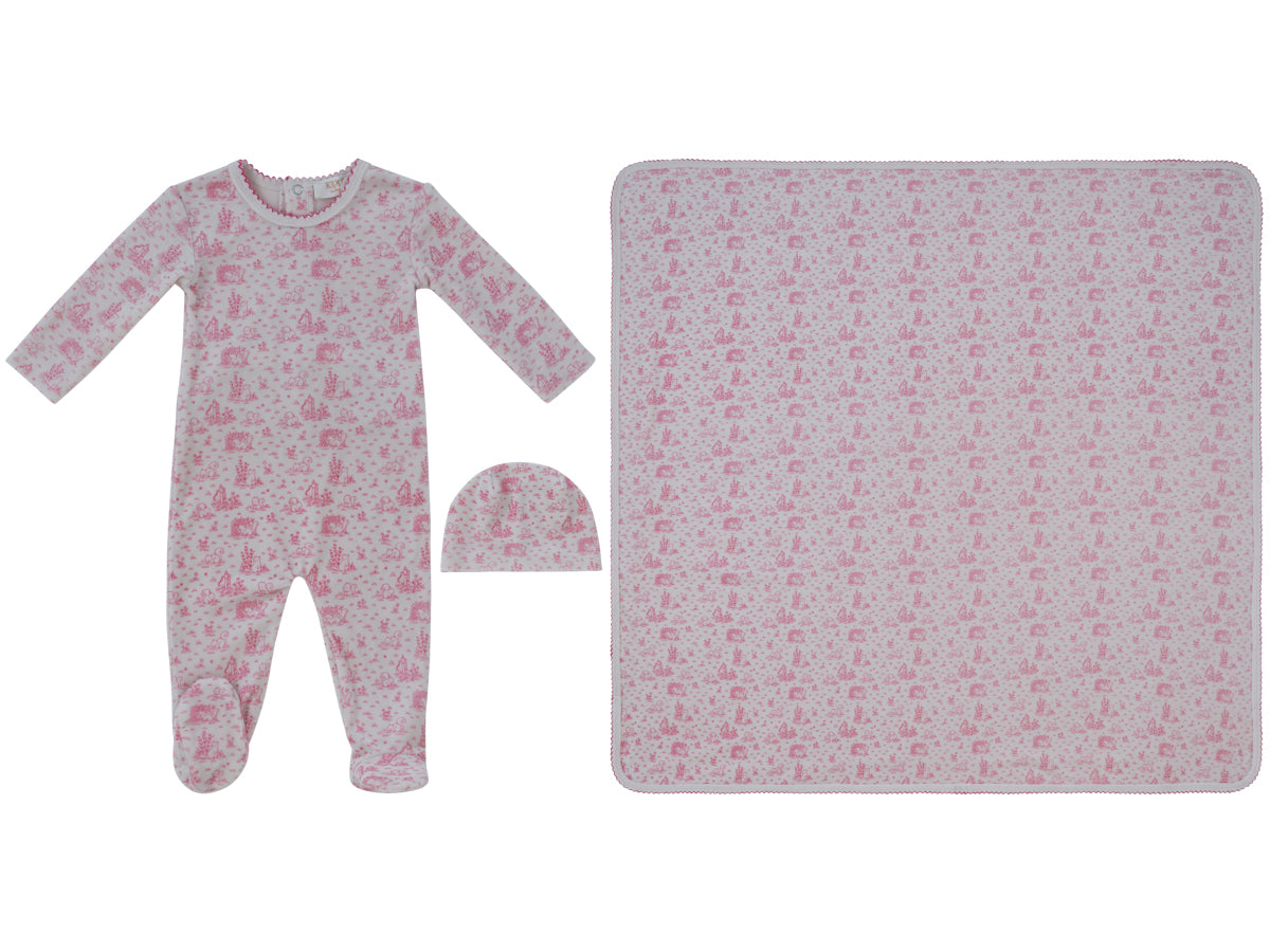 Woodland Toile Footie, Hat & Blanket Set - Pink