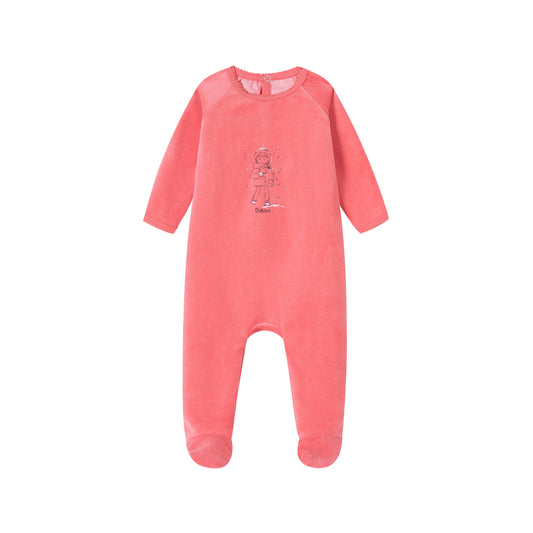 Snow Print Velour Footie/Hat - Pink