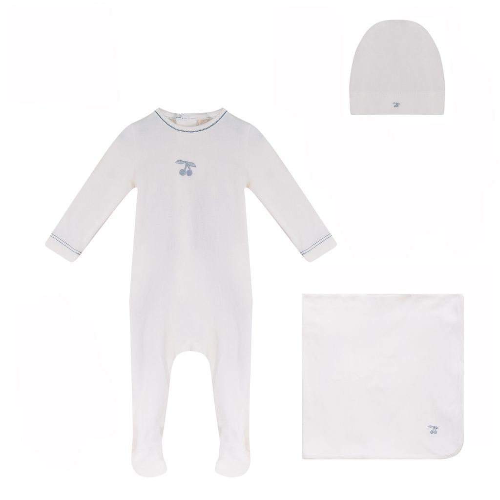 Eyelet Cherry Footie, Hat, Blanket - White