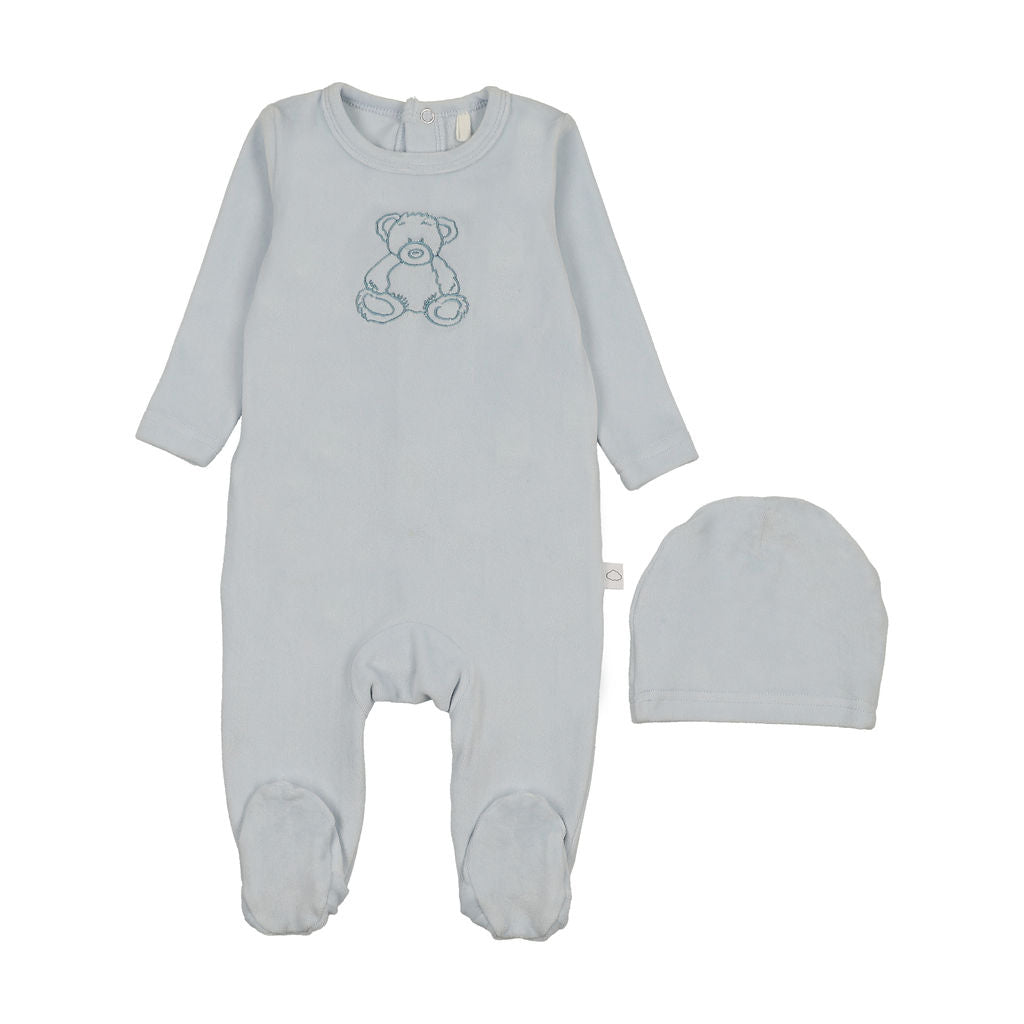 Velour Bear Footie - Blue