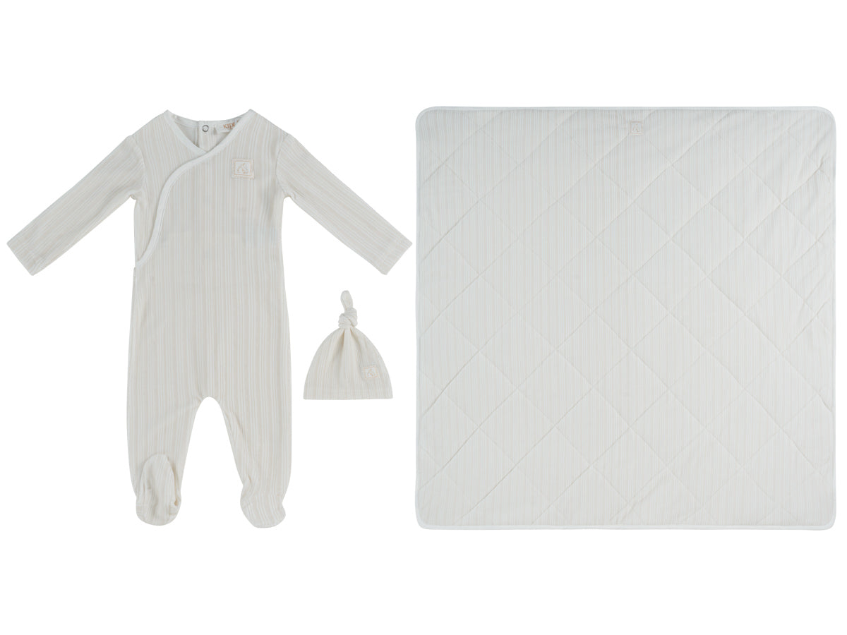 Stripe Stamp Footie, Hat & Blanket Set - Stone