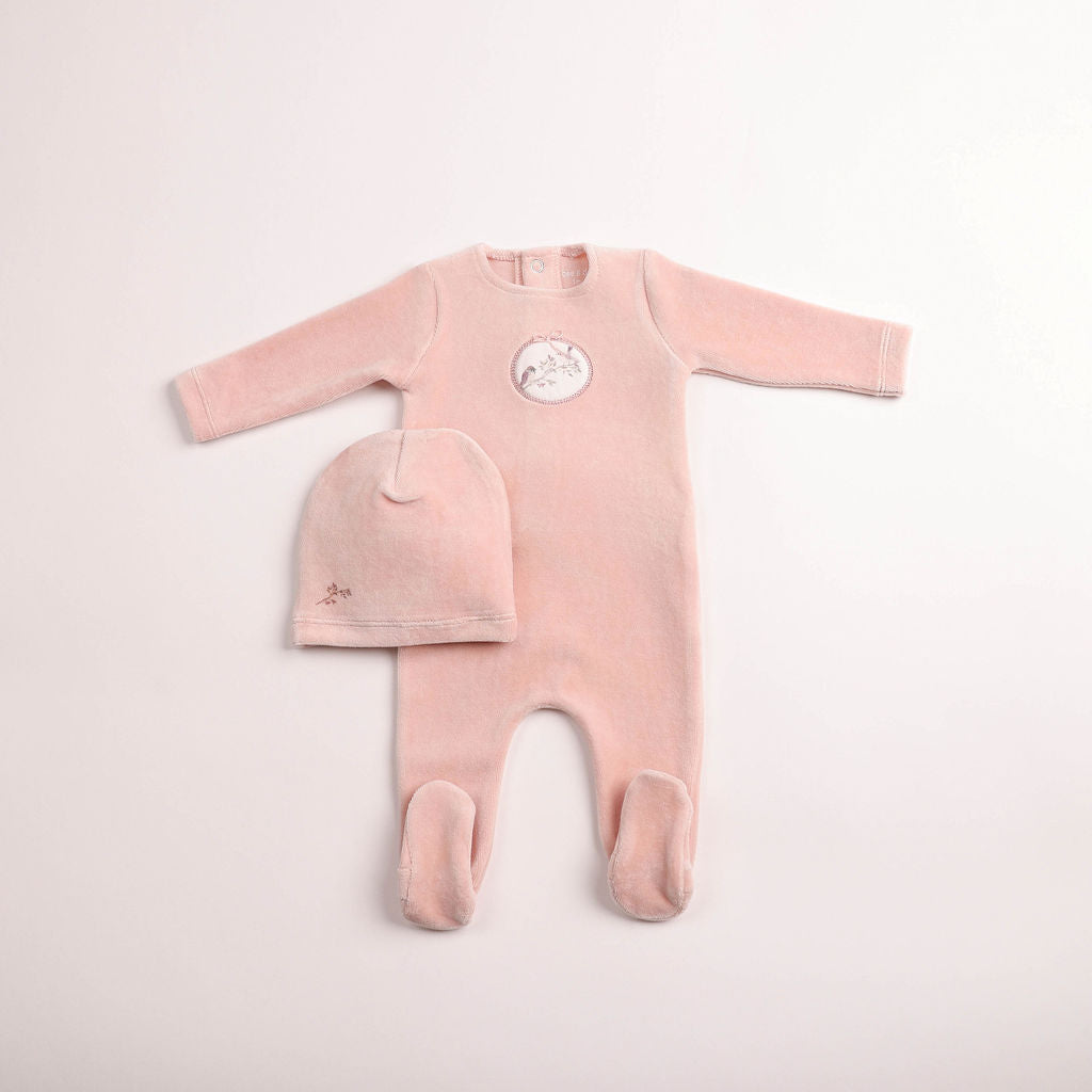Birdie Branch Velour Footie And Bonnet - Dusty Pink