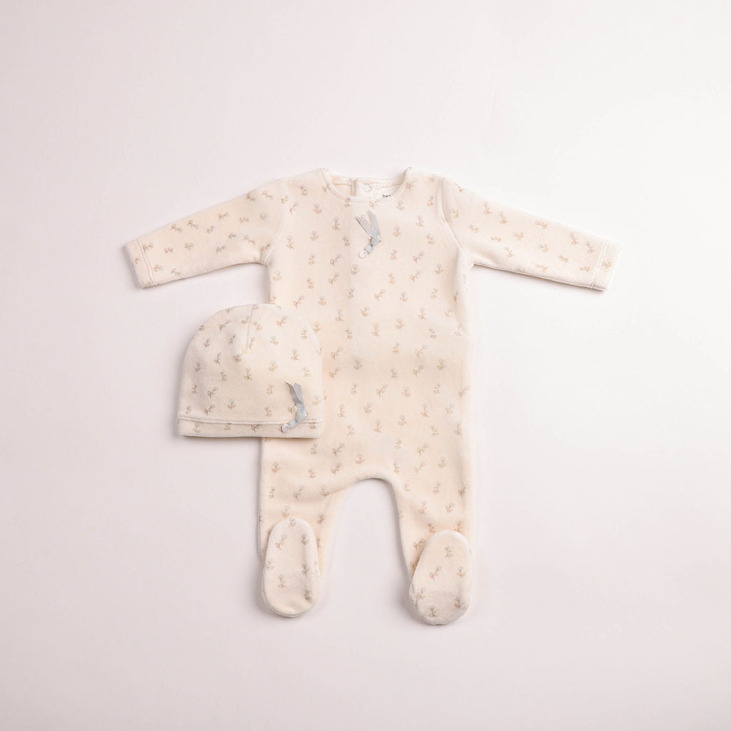Blossoms Print Velour Footie And Bonnet - Linen Boys