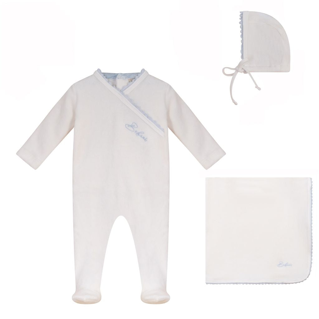 Lace Wrap Velour Footie, Bonnet, Blanket - White Boy