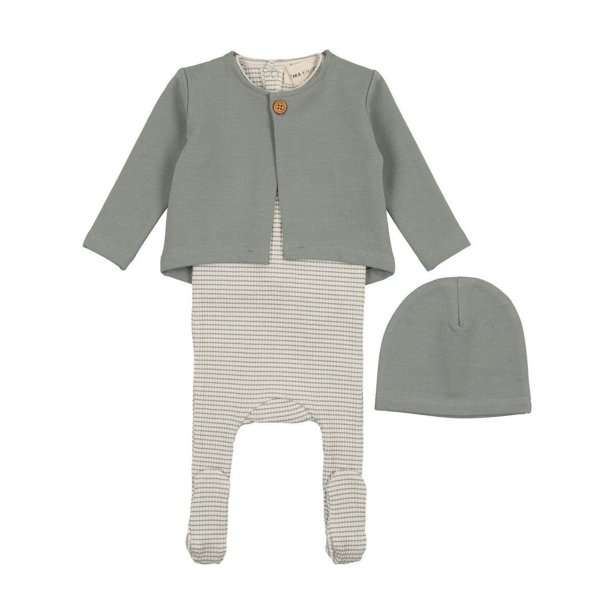 Striped Collared Footie/Cardigan + Beanie - Blue