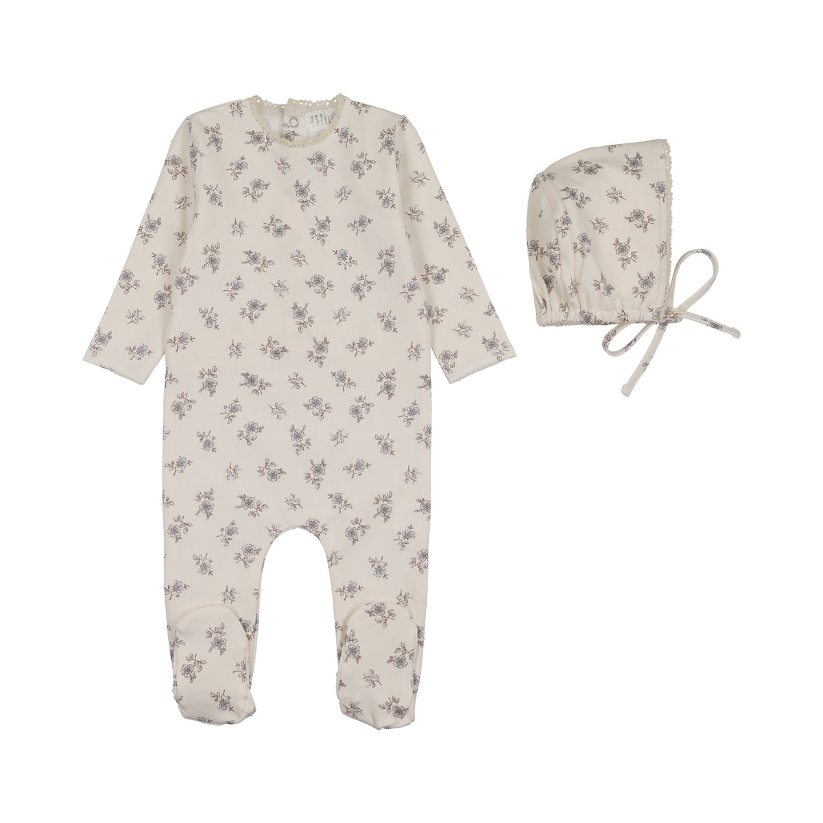 Blossom Footie + Bonnet / Crochet Trim - Powder