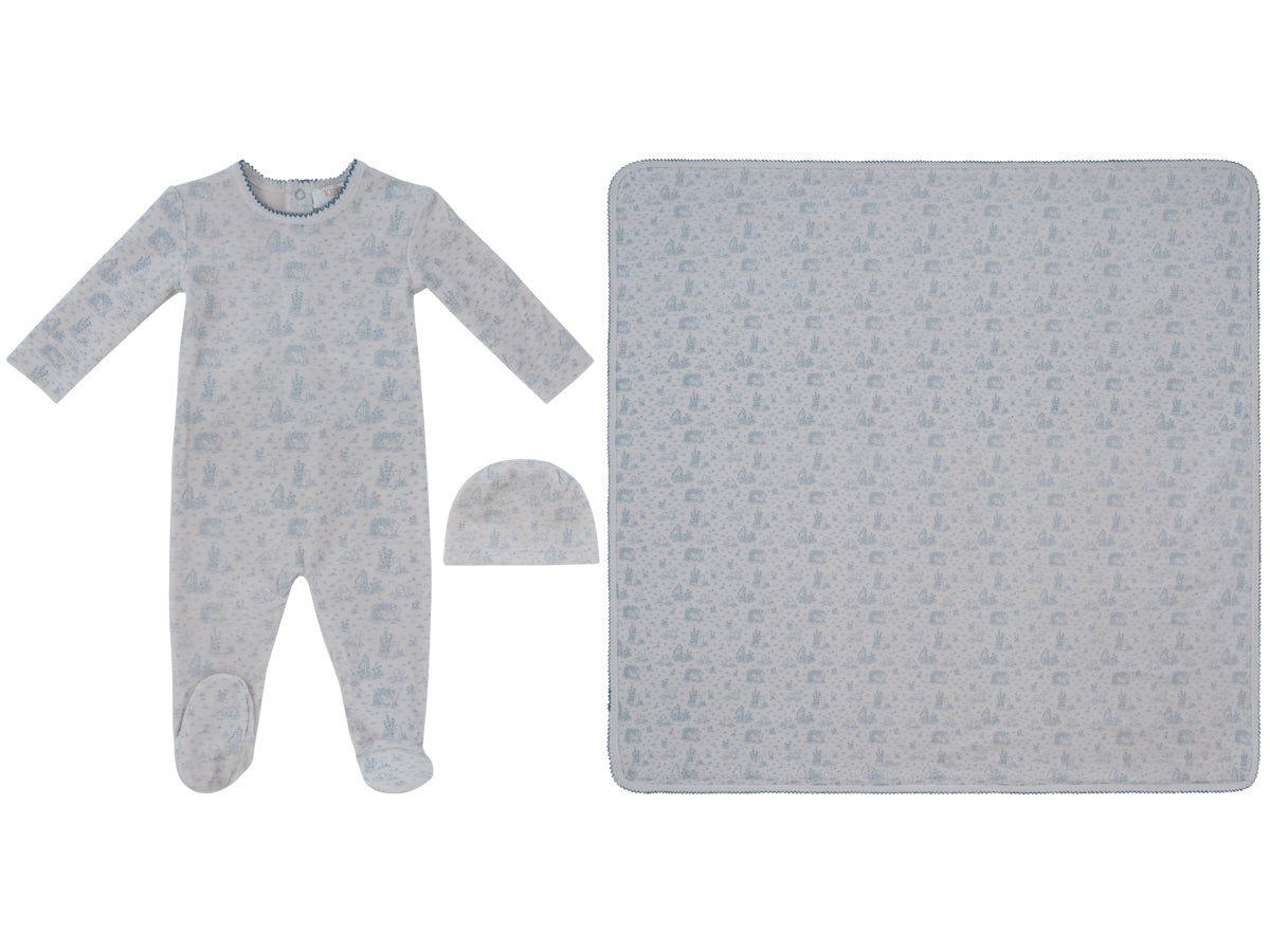 Woodland Toile Footie, Hat & Blanket Set - Blue