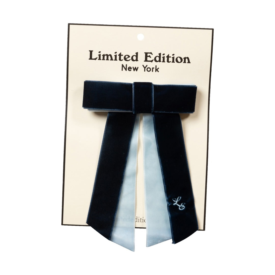 Two Tone Velvet Bow - Small ,Navy and Light Blue
