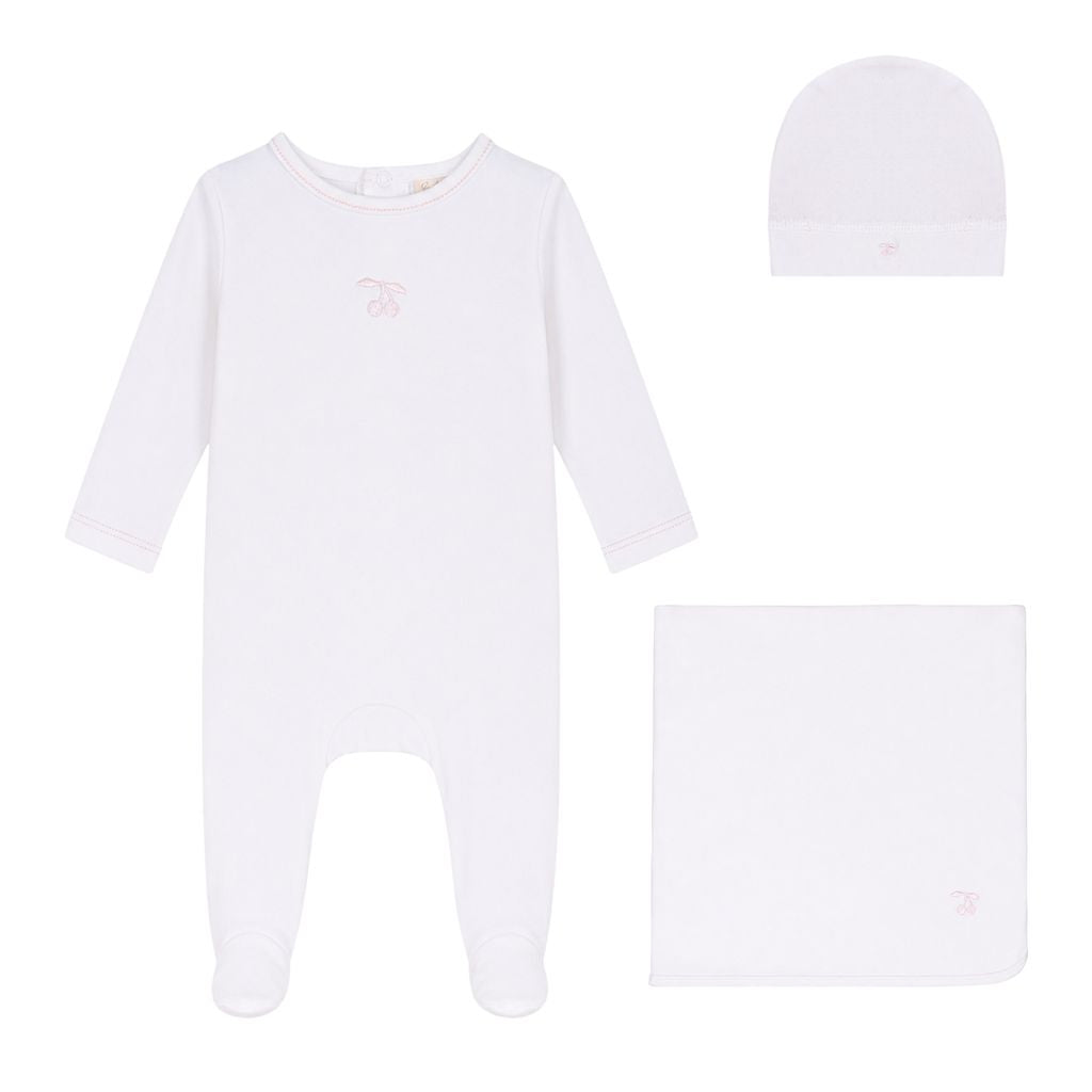 Eyelet Cherry Footie, Hat, Blanket - White Girl