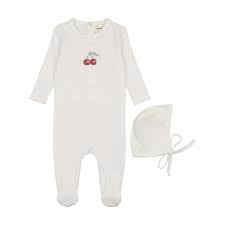 Embroidered Cherry Footie + Beanie - White