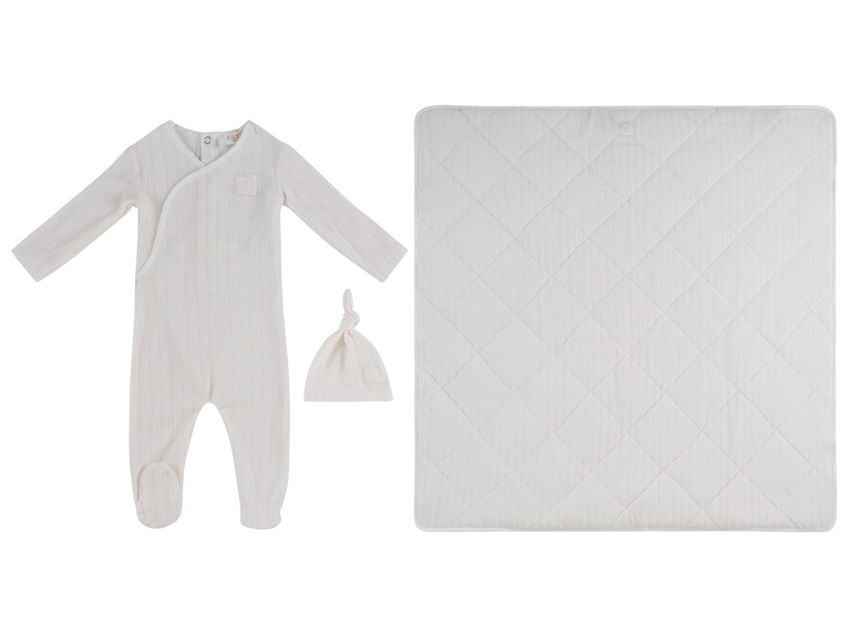 Stripe Stamp Footie, Hat & Blanket Set - Pink