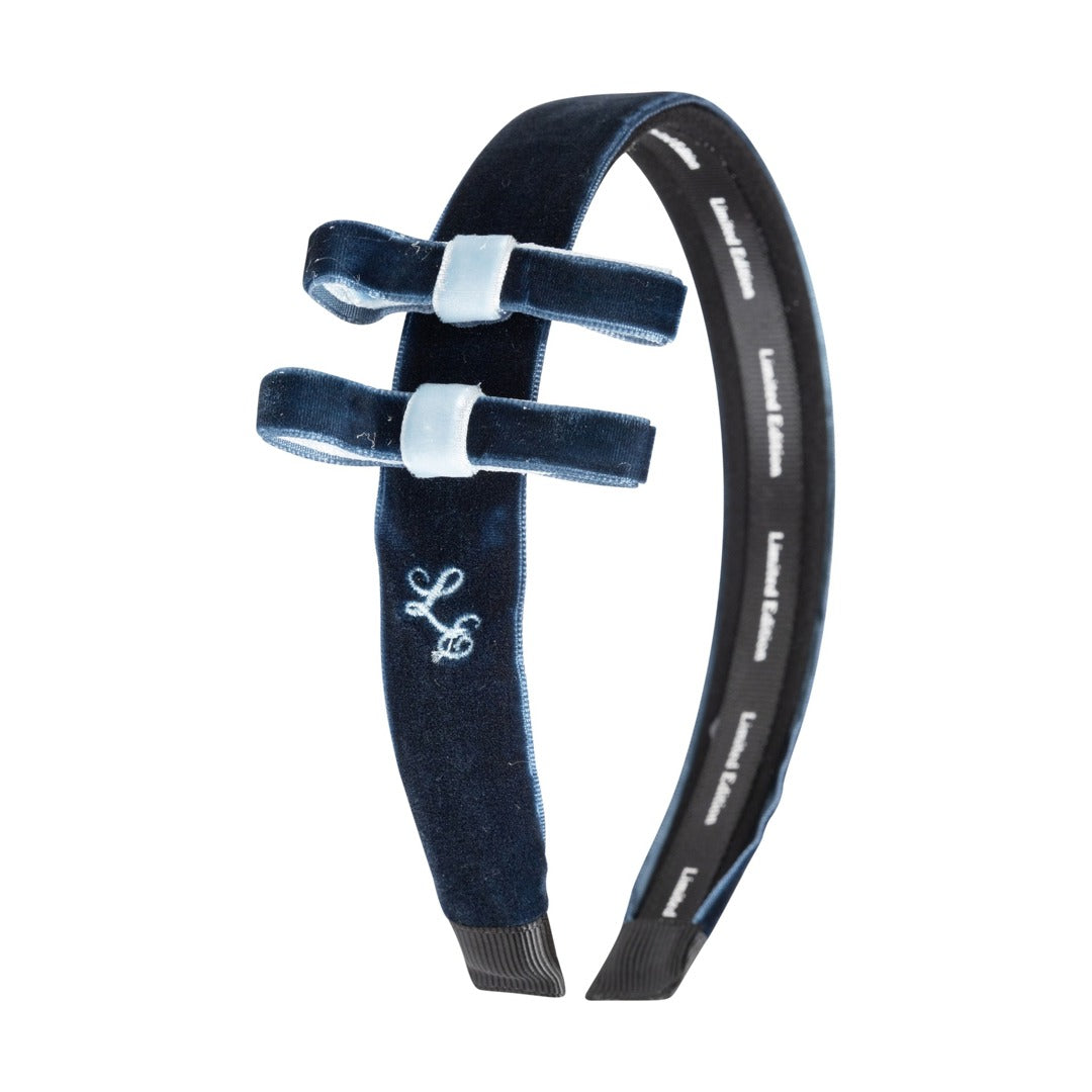 Two Tone Velvet Bow Headband - Navy and Light Blue