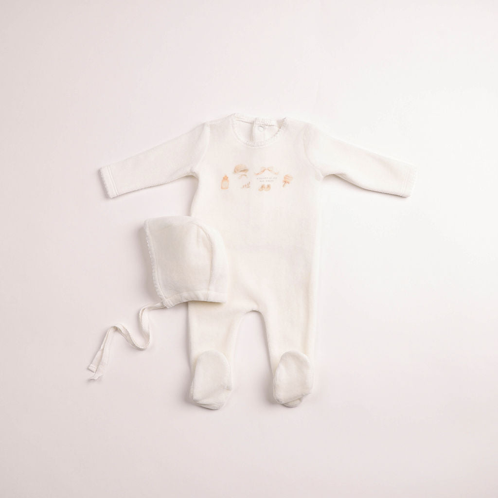 All Things Baby Velour Footie And Bonnet - Chalk White Girls