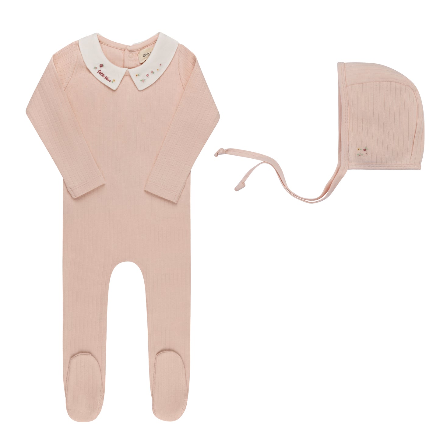 Floral Star Embroidered Collar Footie And Bonnet - Pink
