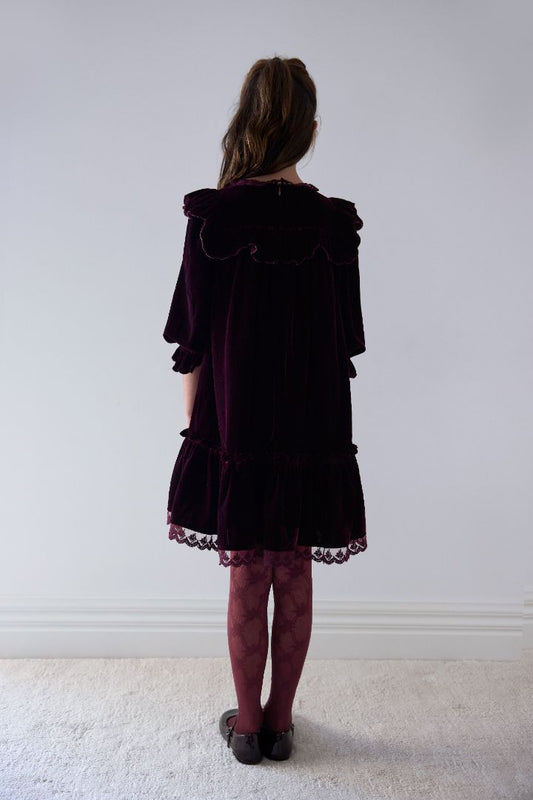 Lace Trim Velvet Dress - Dark Cherry