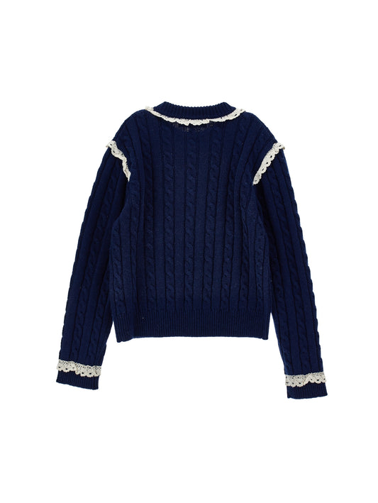 Cable Knit Sweater With Lace Trim - Navy