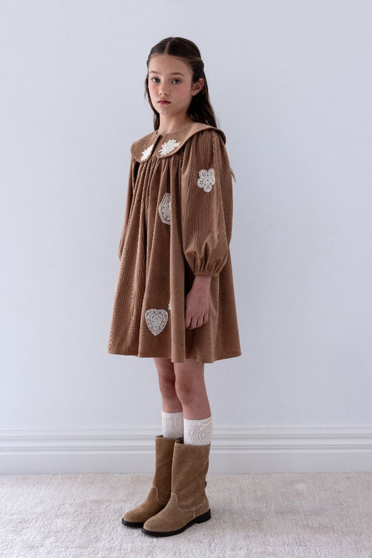 Scattered Applique Cord Dress - Caramel