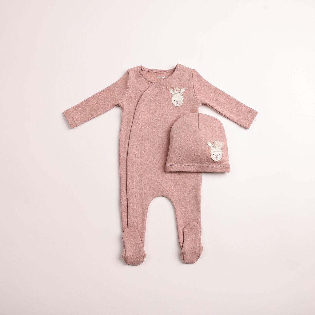 Pompom Bunny Wrap Footie And Beanie - Pink Heather