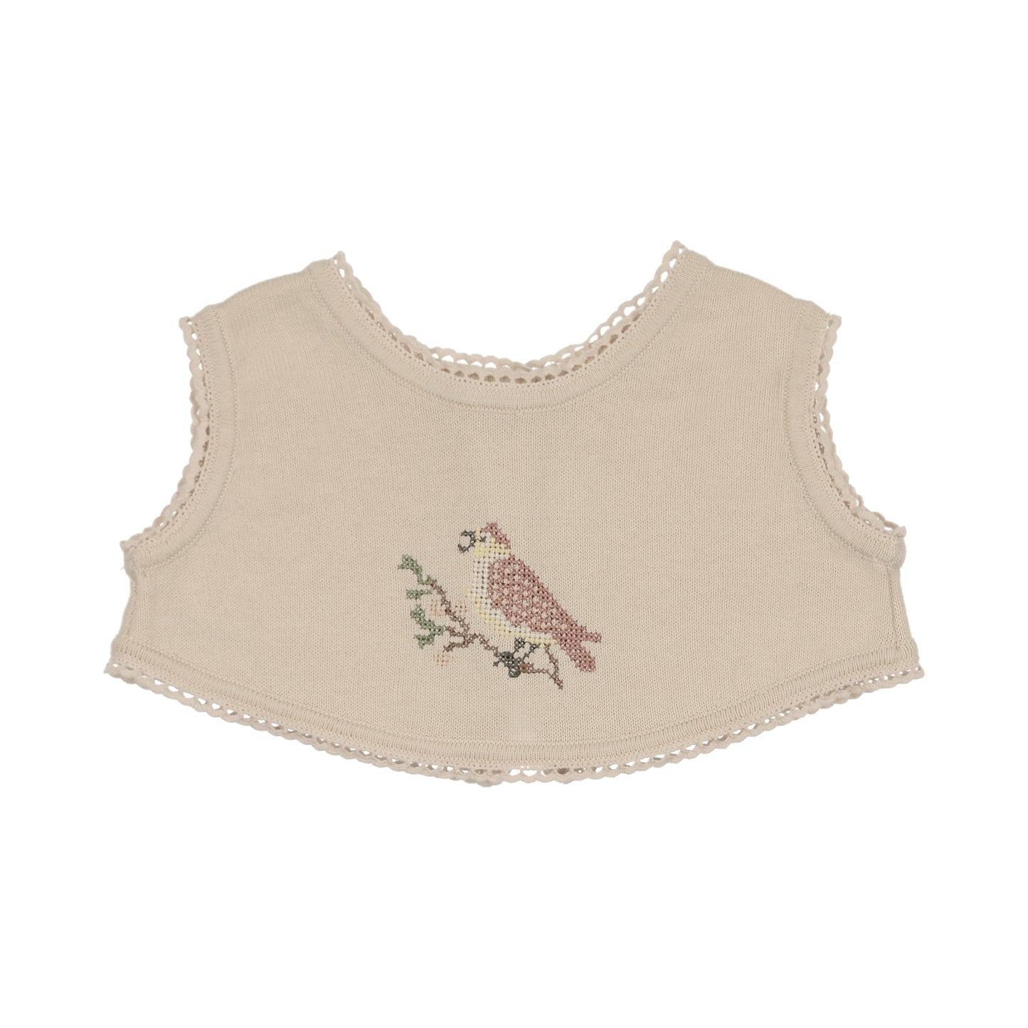 Cross Stitch Knit Overlay Bib - Stone/Rose