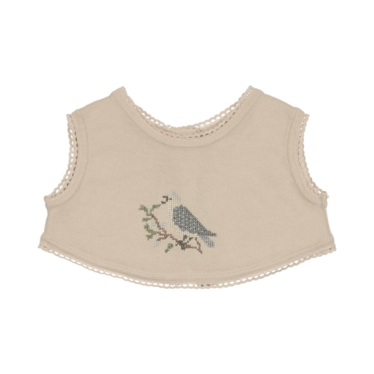 Cross Stitch Knit Overlay Bib - Stone/Blue