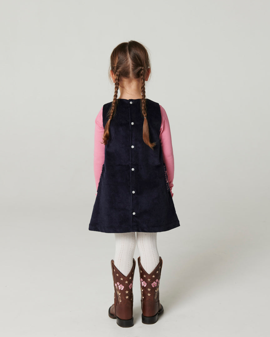 Corduroy Embroidered Dress - Navy