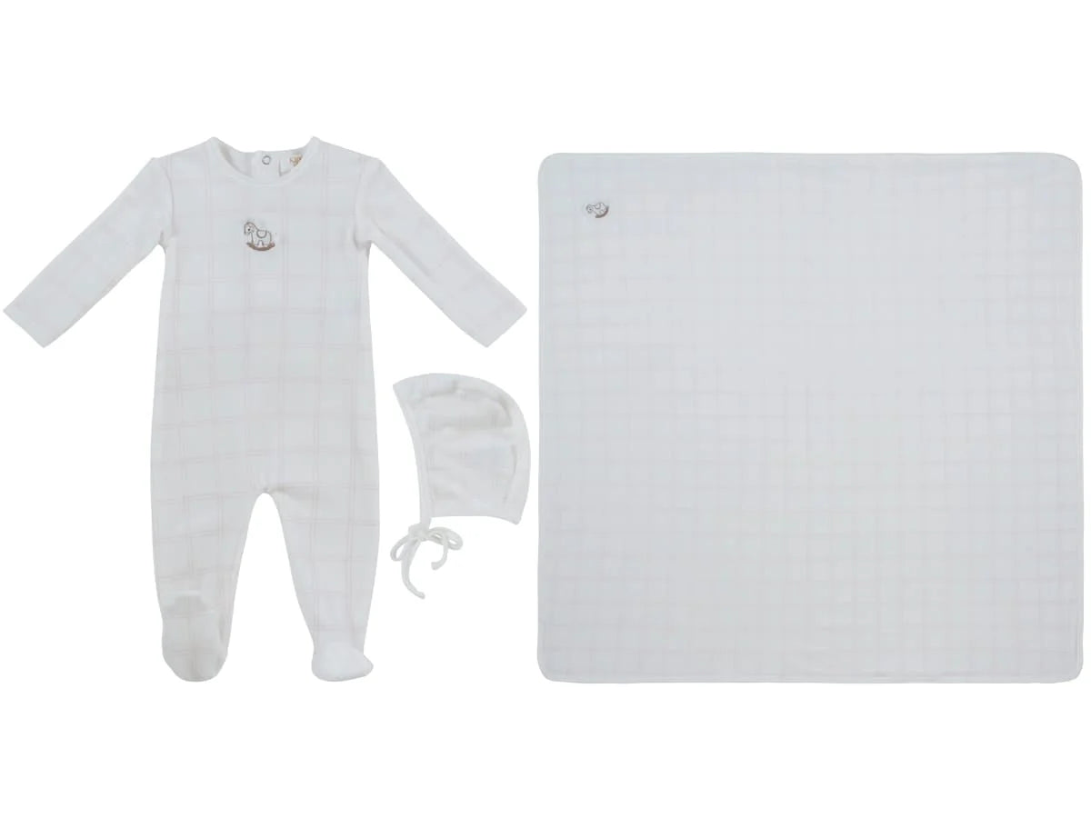 Whinny Plaid Footie, Hat & Blanket Set - Pink
