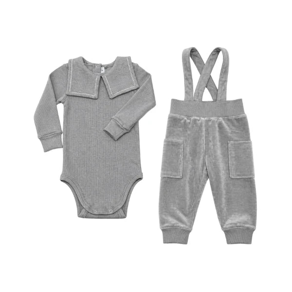 Embroidered collar velour overall set - Grey
