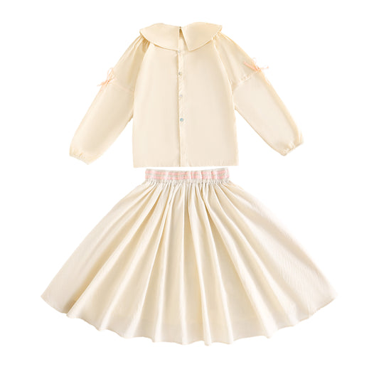 RetroKid Halston Gathered Ribbon Sleeve Collar Blouse & Smocked Skirt Set