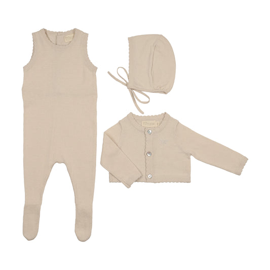 Peluche Knit Jumpsuit/Cropped Cardigan/ Bonnet Set