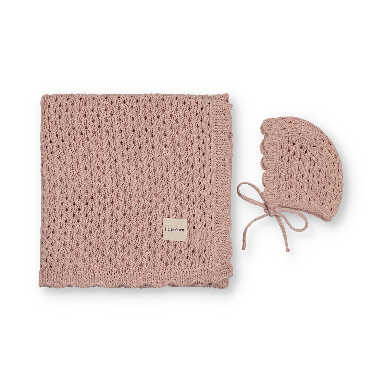 Knit Scalloped Edgeblanket + Bonnet - Pink