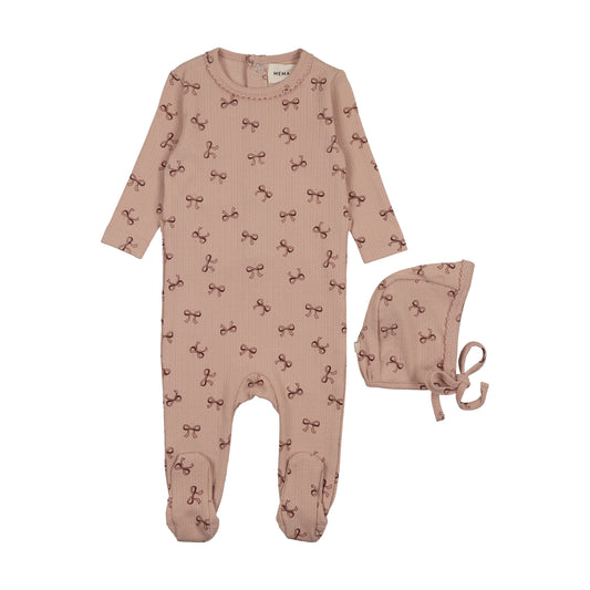 Bow Print Pointelle Footie & Bonnnet