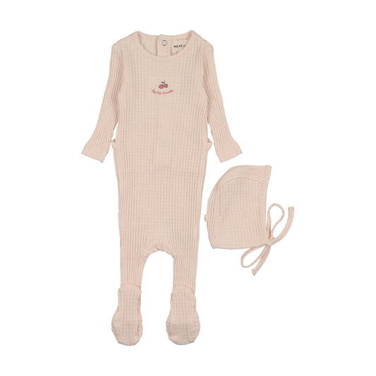 Embroidered Textured Footie & Bonnet