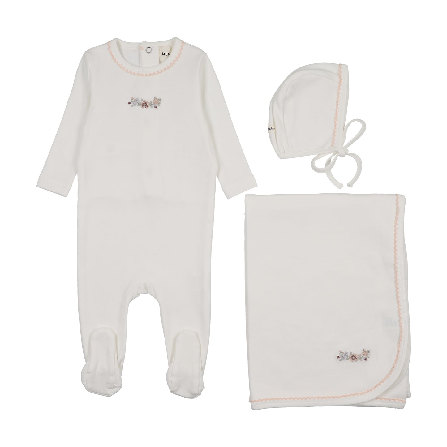 Floral Embroidery Footie 3 PC Set