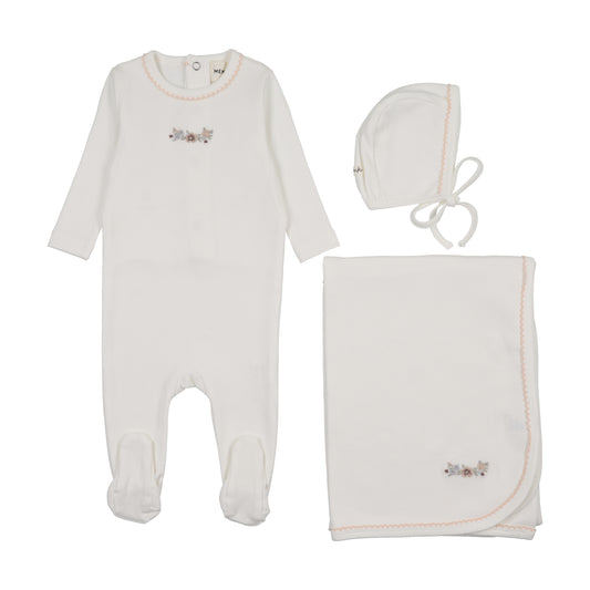 Floral Embroidery Footie 3 PC Set