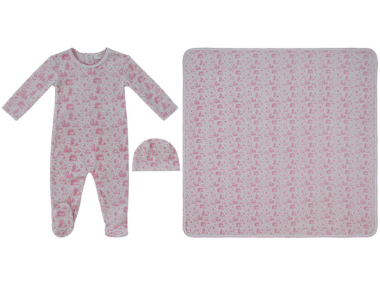 Woodland Toile Footie, Hat & Blanket Set - Pink