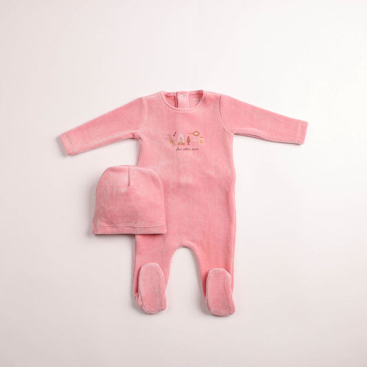 Paraphenalia Velour Footie And beanie - Dark Rose