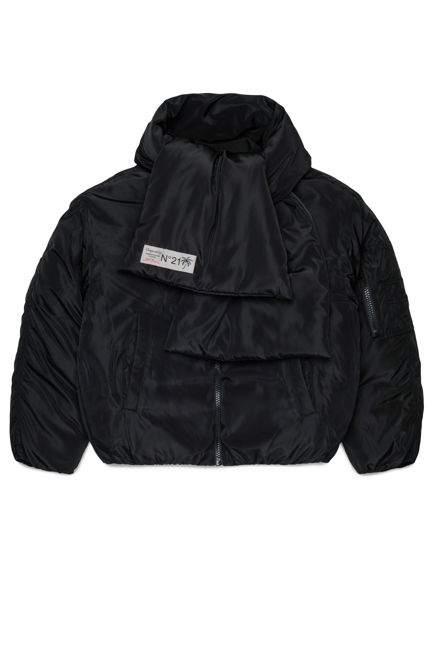 Short Puffer Jacket With Attached Scarf - Black