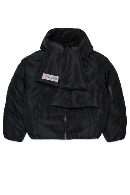 Short Puffer Jacket With Attached Scarf - Black