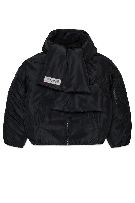 Short Puffer Jacket With Attached Scarf - Black