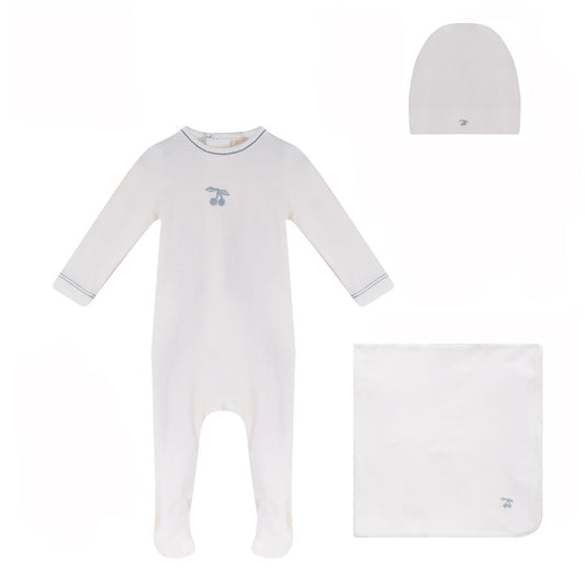 Eyelet Cherry Footie, Hat, Blanket - White