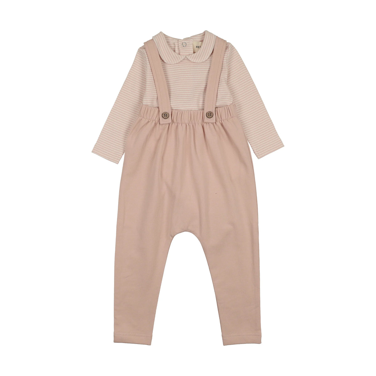 Striped Collared Onesie W/ Terry Overall Set - Rose