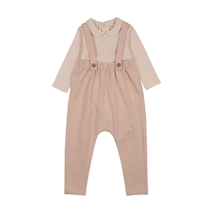 Striped Collared Onesie W/ Terry Overall Set - Rose