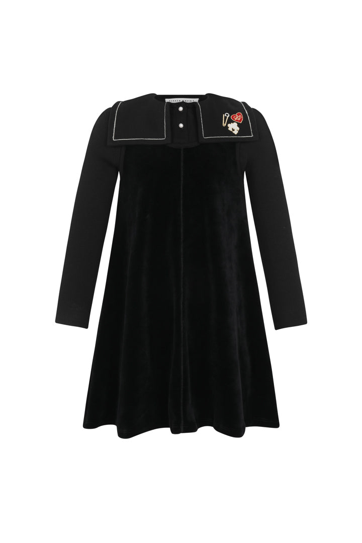 Embroidered Collar Velour Dress - Black