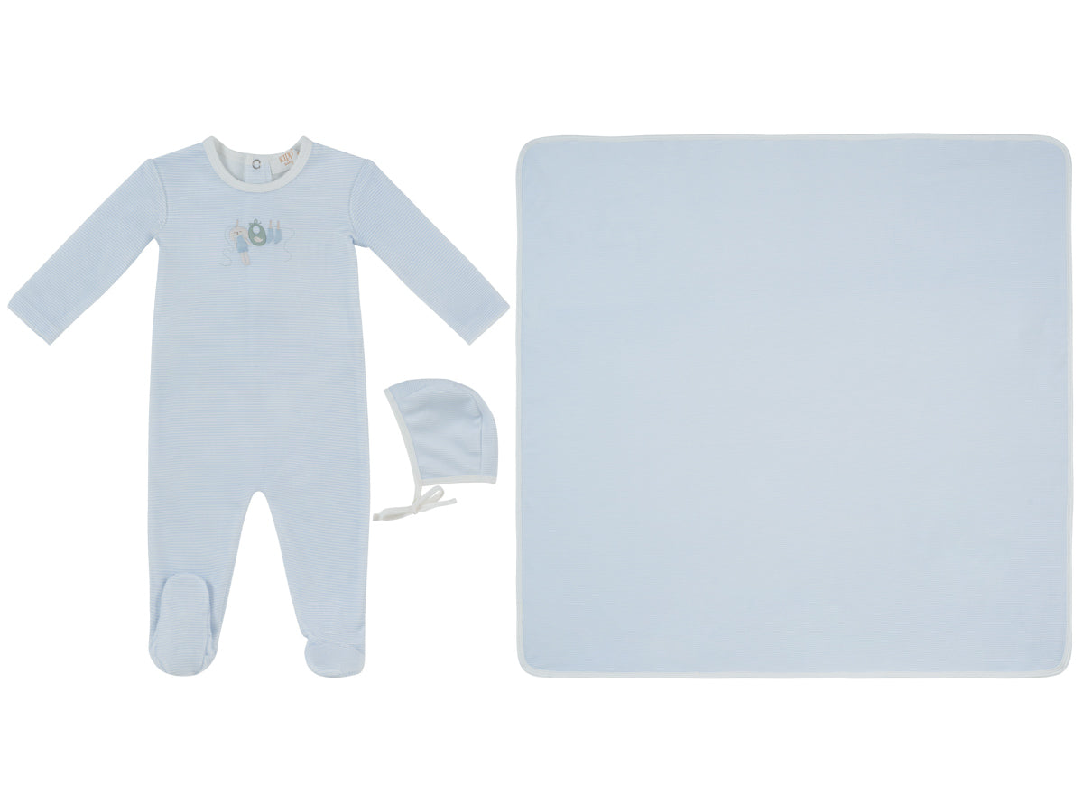 Bunny Stripe Footie, Hat & Blanket Set - Blue