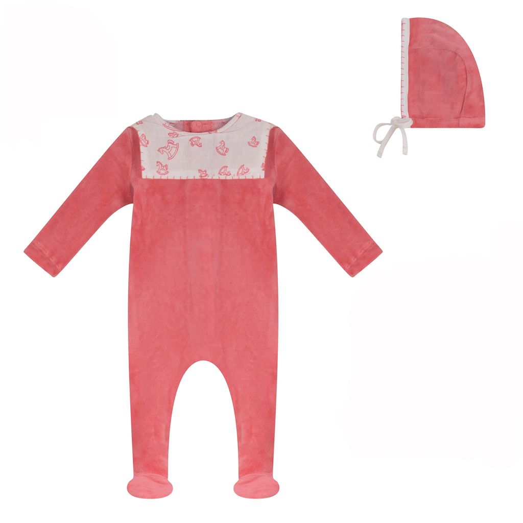 Horse Bib Velour,  Footie And Bonnet - Hot Pink