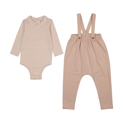 Striped Collared Onesie W/ Terry Overall Set - Rose