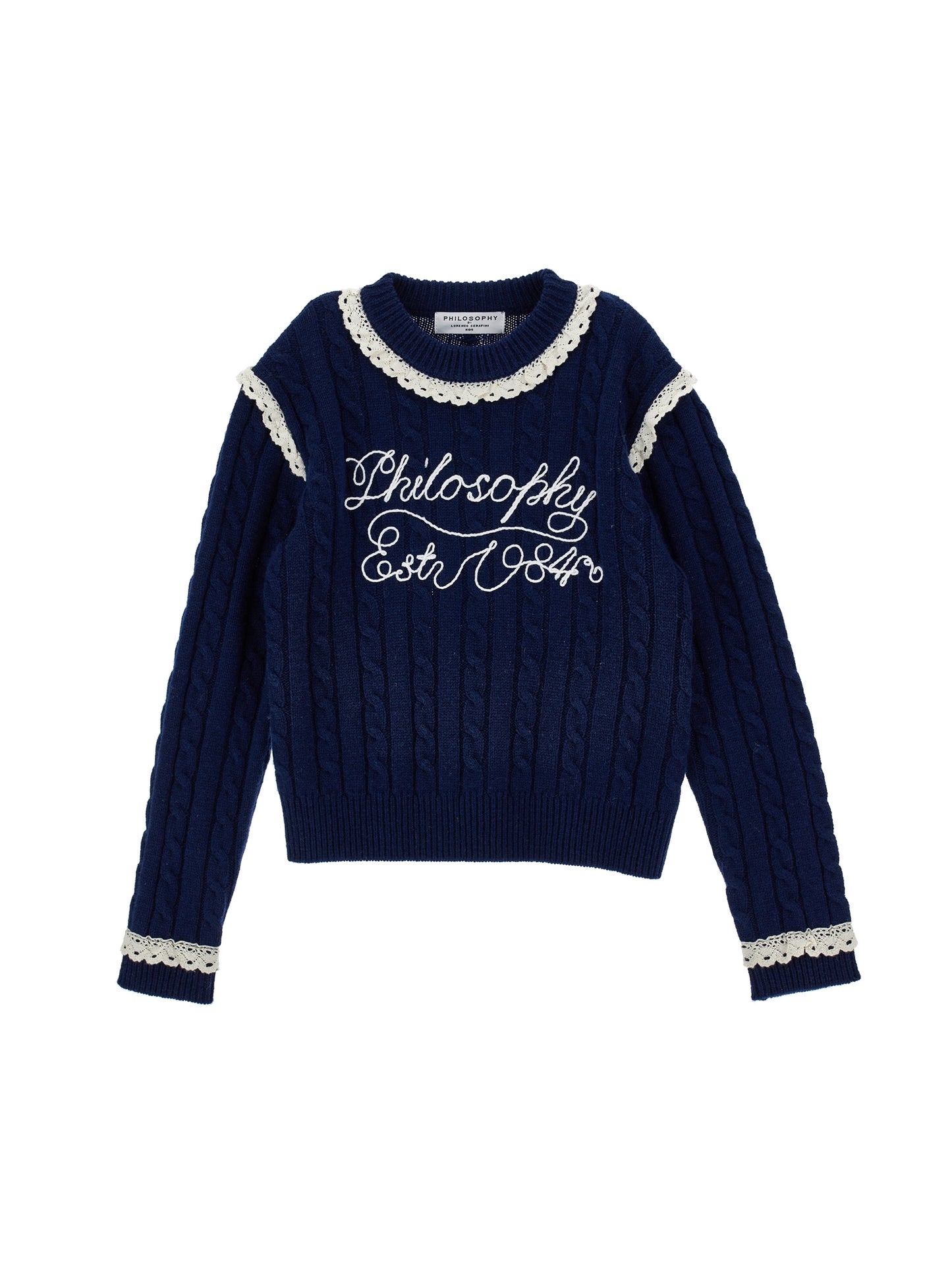 Cable Knit Sweater With Lace Trim - Navy