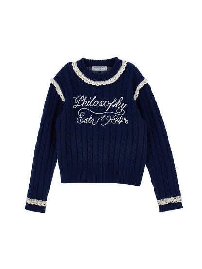 Cable Knit Sweater With Lace Trim - Navy
