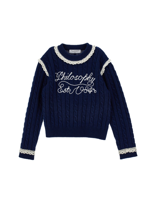Cable Knit Sweater With Lace Trim - Navy