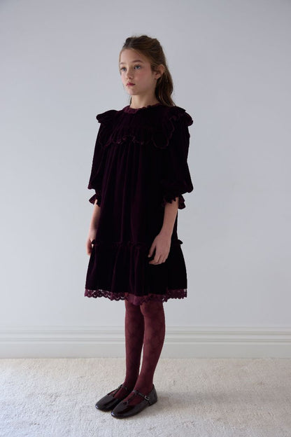 Lace Trim Velvet Dress - Dark Cherry